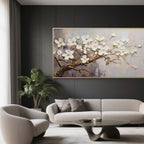Close-up of white blossoms on the 'Silent Grace' floral canvas art.