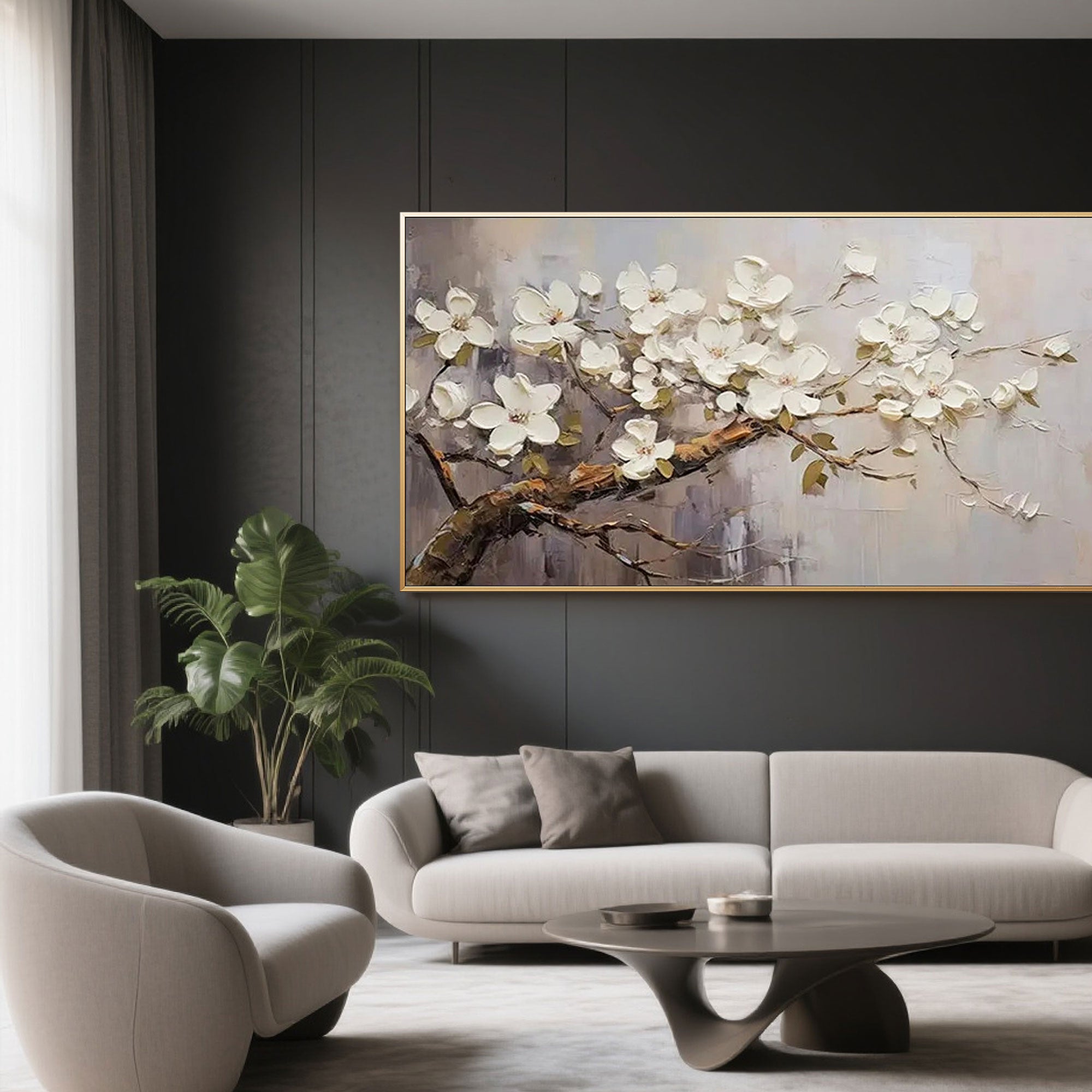 Close-up of white blossoms on the 'Silent Grace' floral canvas art.