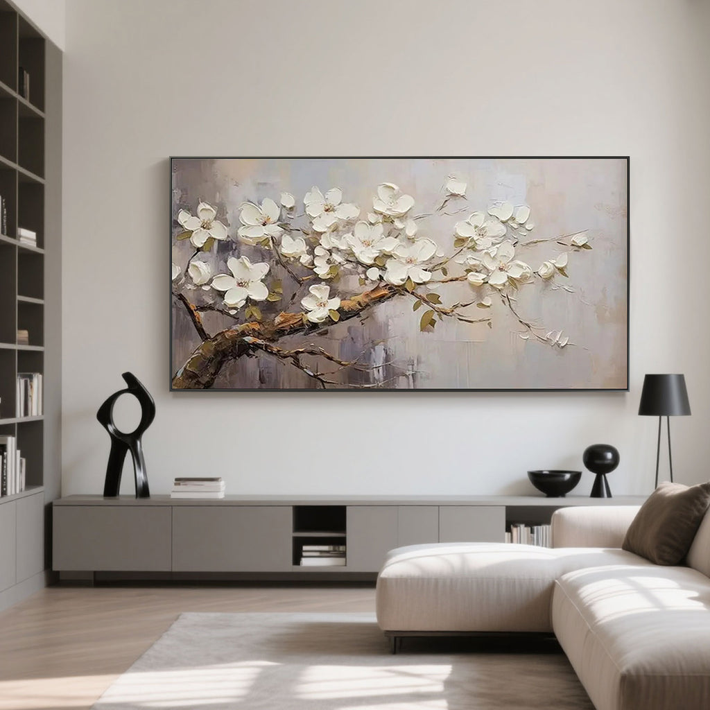 Textured branch detail in the modern beige and white floral wall art.
