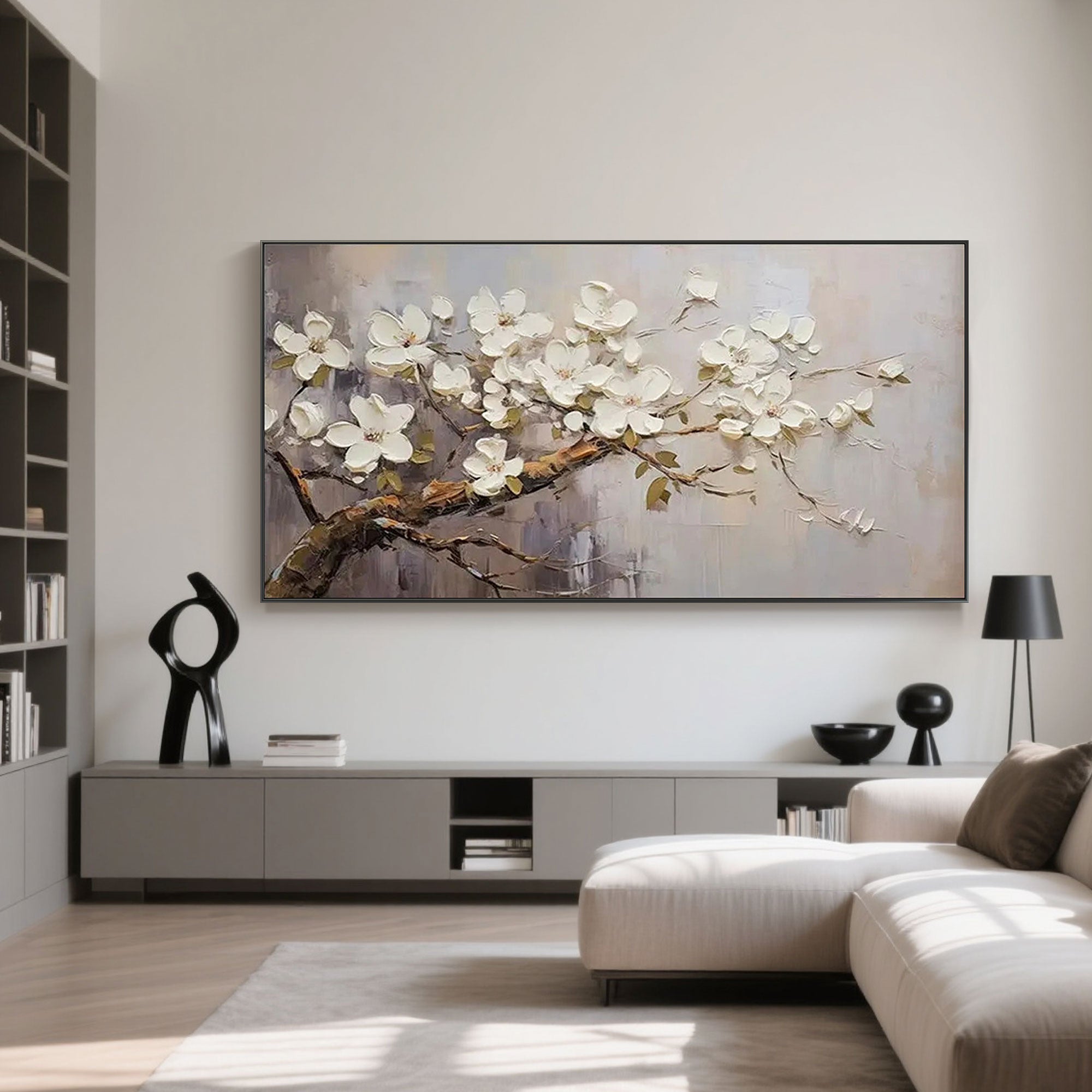 Textured branch detail in the modern beige and white floral wall art.