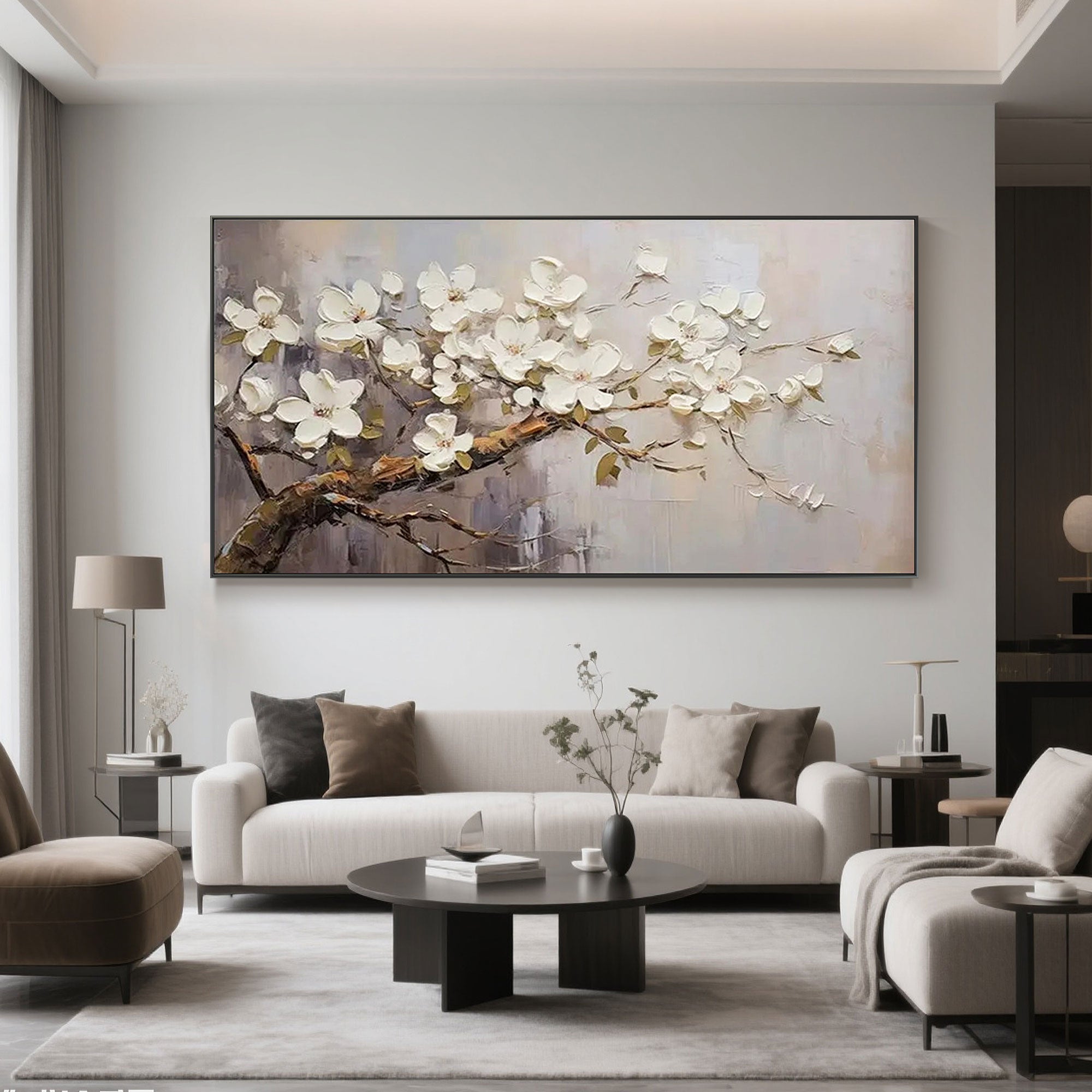 Modern living room with 'Silent Grace' floral wall art above a sofa.