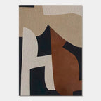 Abstract art print with geometric shapes in brown, black, and beige on a light gray background