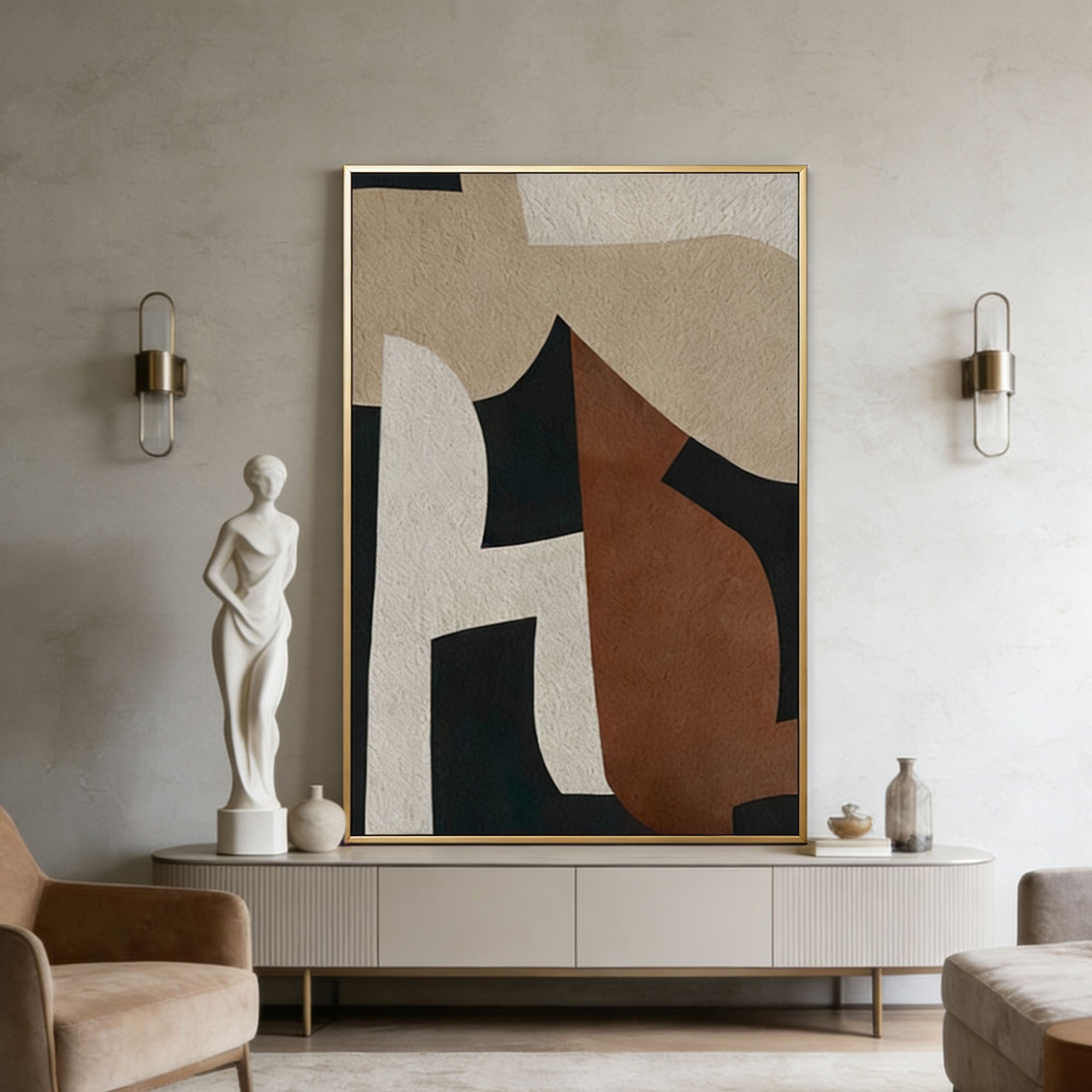 Abstract art piece in a modern living room with a statue and decor items.