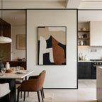 Modern interior with abstract art on a wall, dining table, and kitchen.