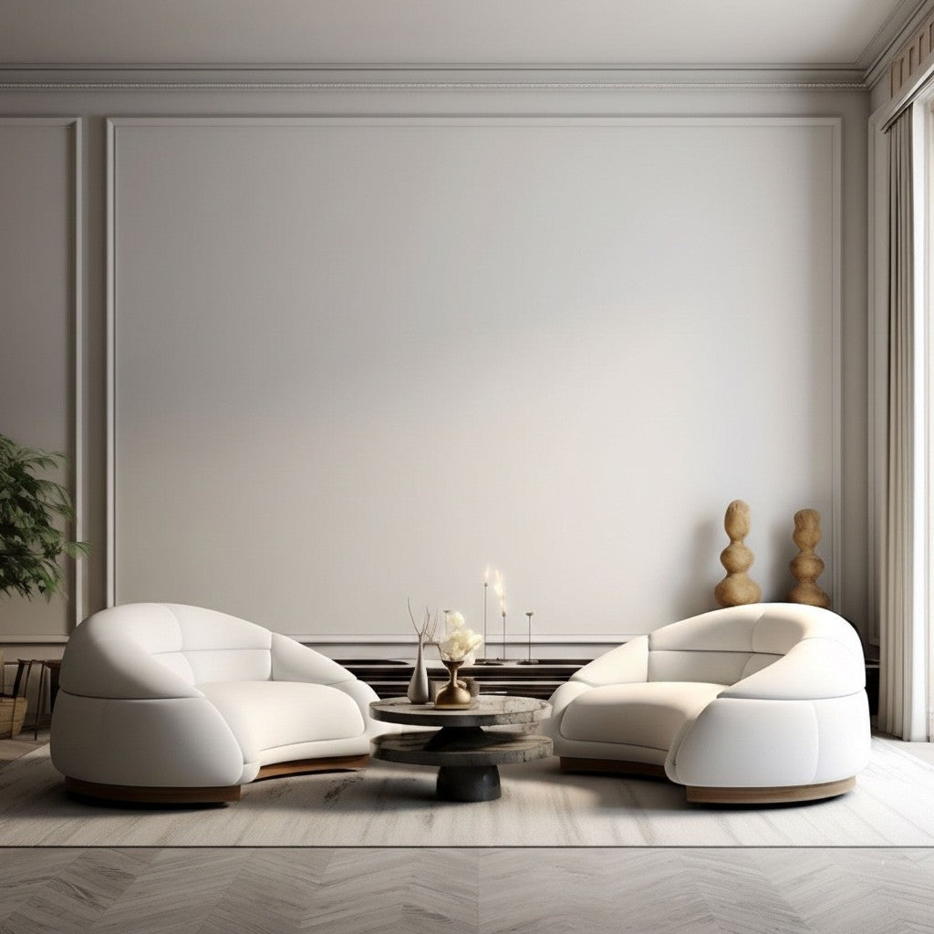 Picture of modern beige minimalist living room with blank walls waiting for hanging paintings