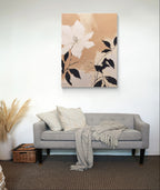 Neutral toned floral painting with creamy texture and minimalist white flower on beige canvas