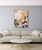 Neutral toned floral painting with creamy texture and minimalist white flower on beige canvas