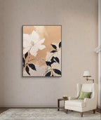 Neutral toned floral painting with creamy texture and minimalist white flower on beige canvas