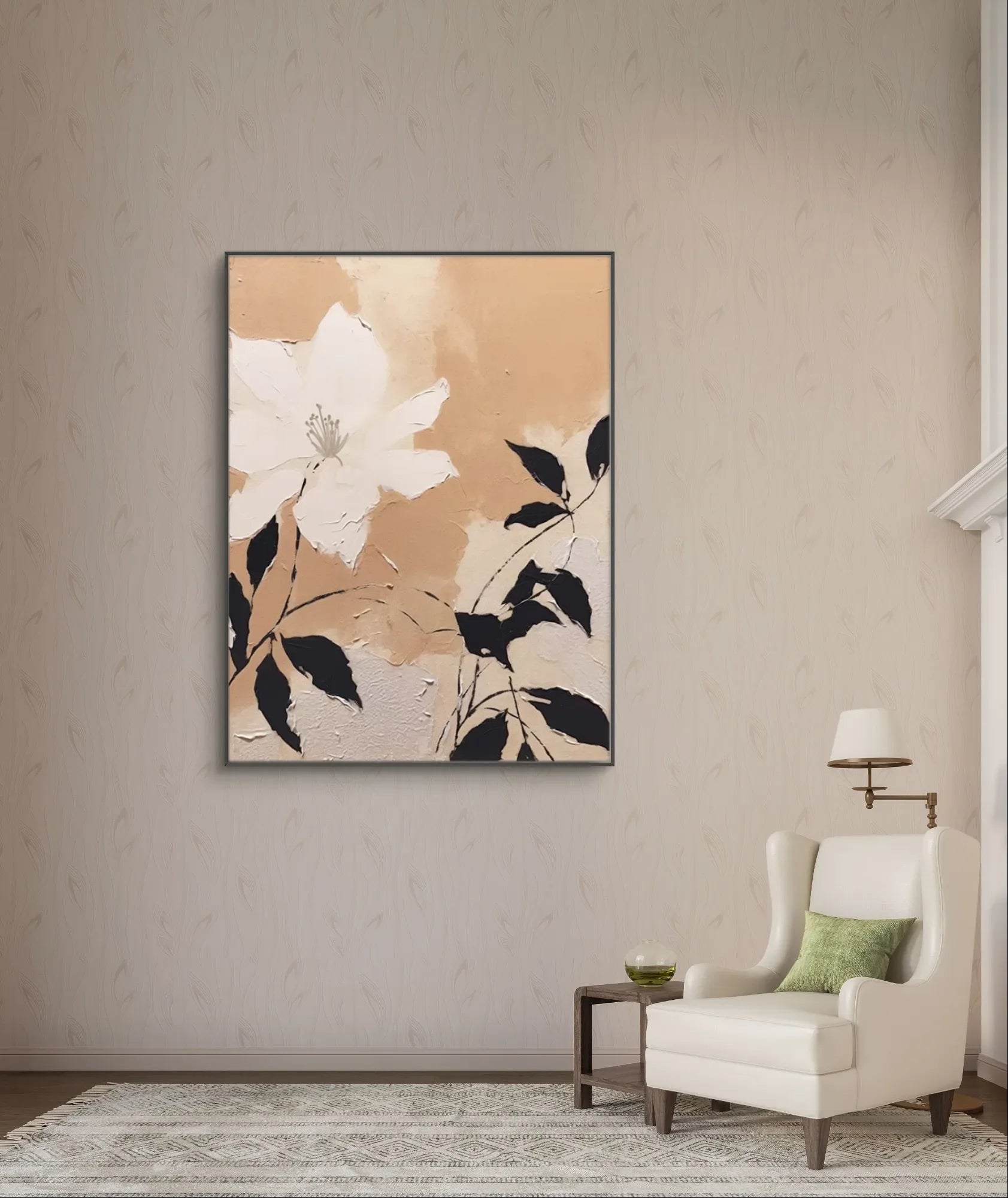 Neutral toned floral painting with creamy texture and minimalist white flower on beige canvas