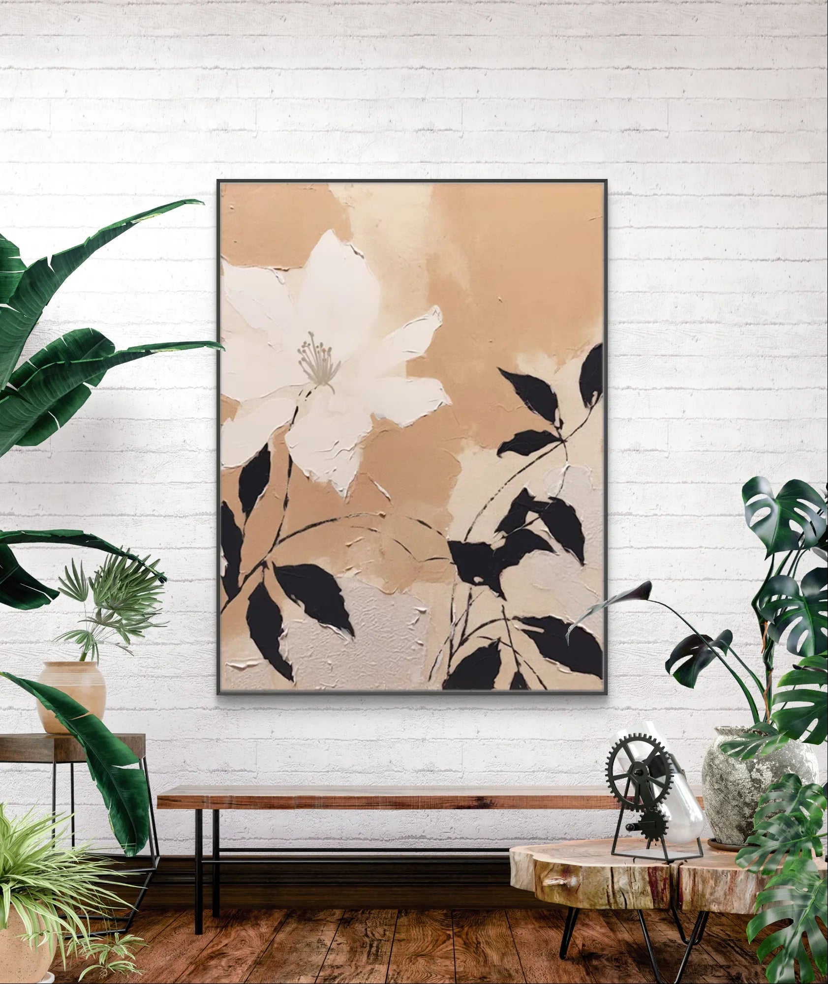 Neutral toned floral painting with creamy texture and minimalist white flower on beige canvas