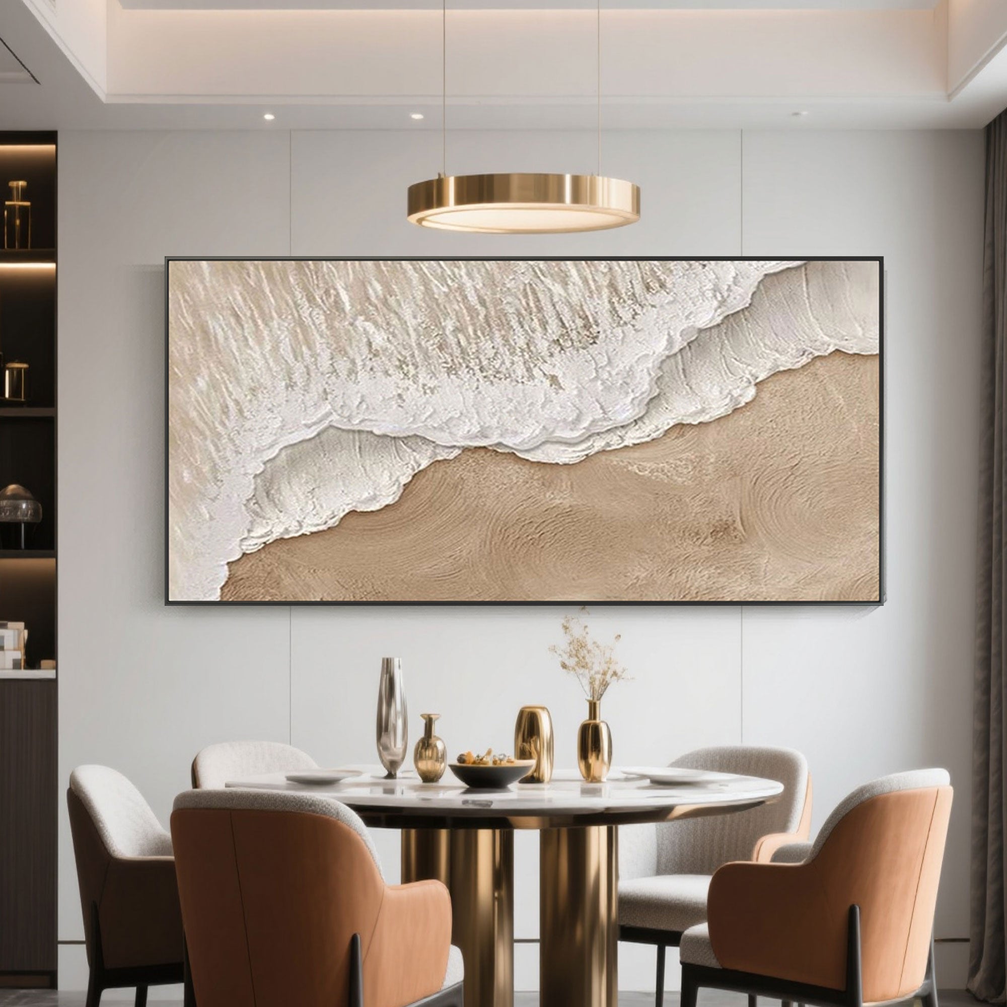 Shoreline 3D beach painting in dining room with black frame.
