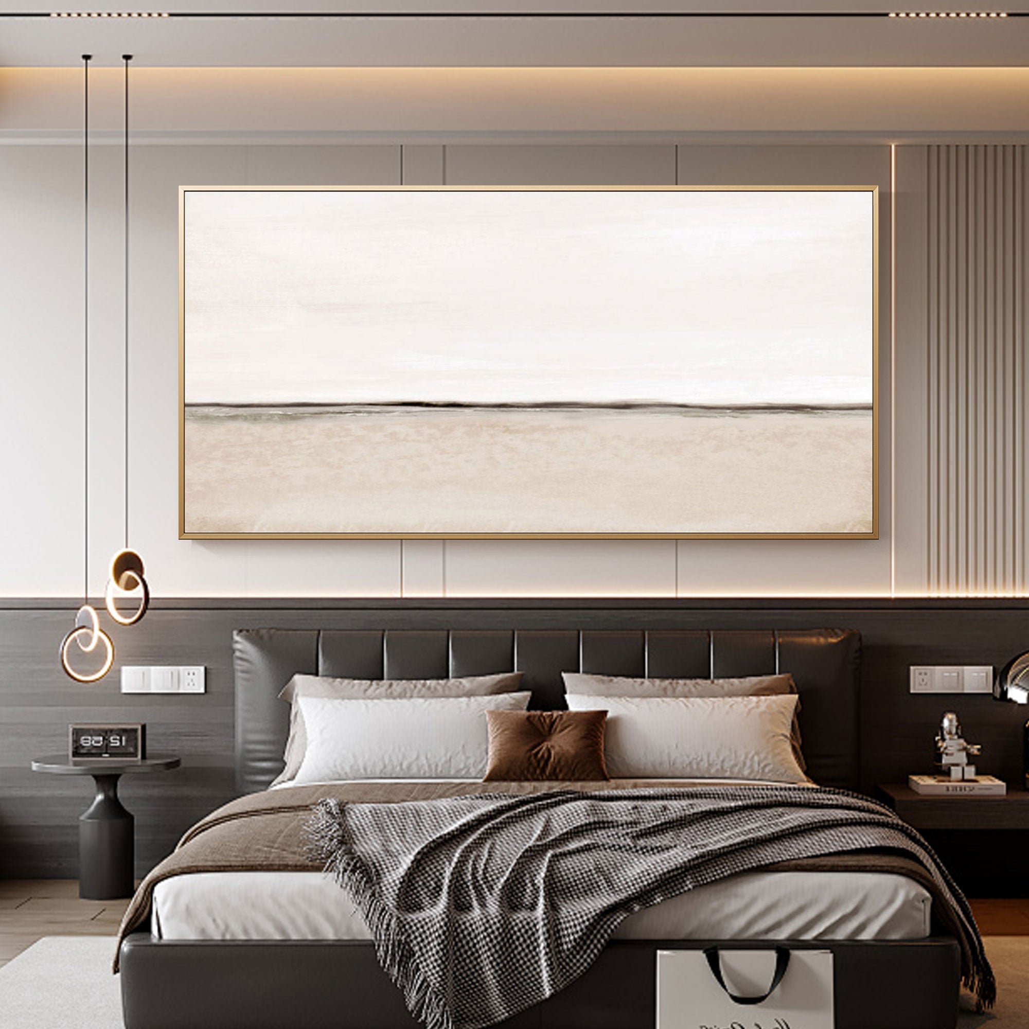 Panoramic Beige Canvas Art, minimalist horizon in soft beige and white.