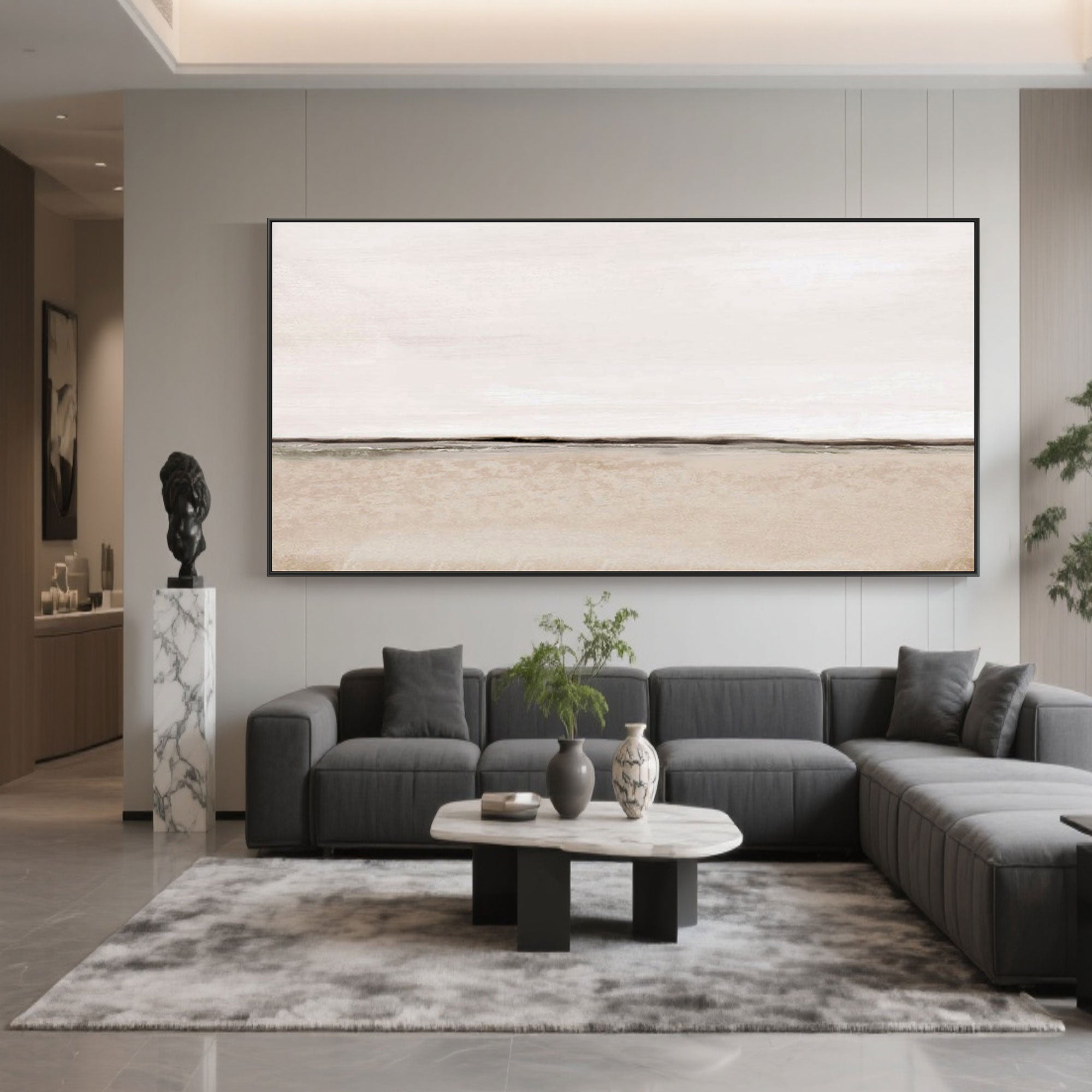 Panoramic beige abstract art above gray sofa in modern living room.