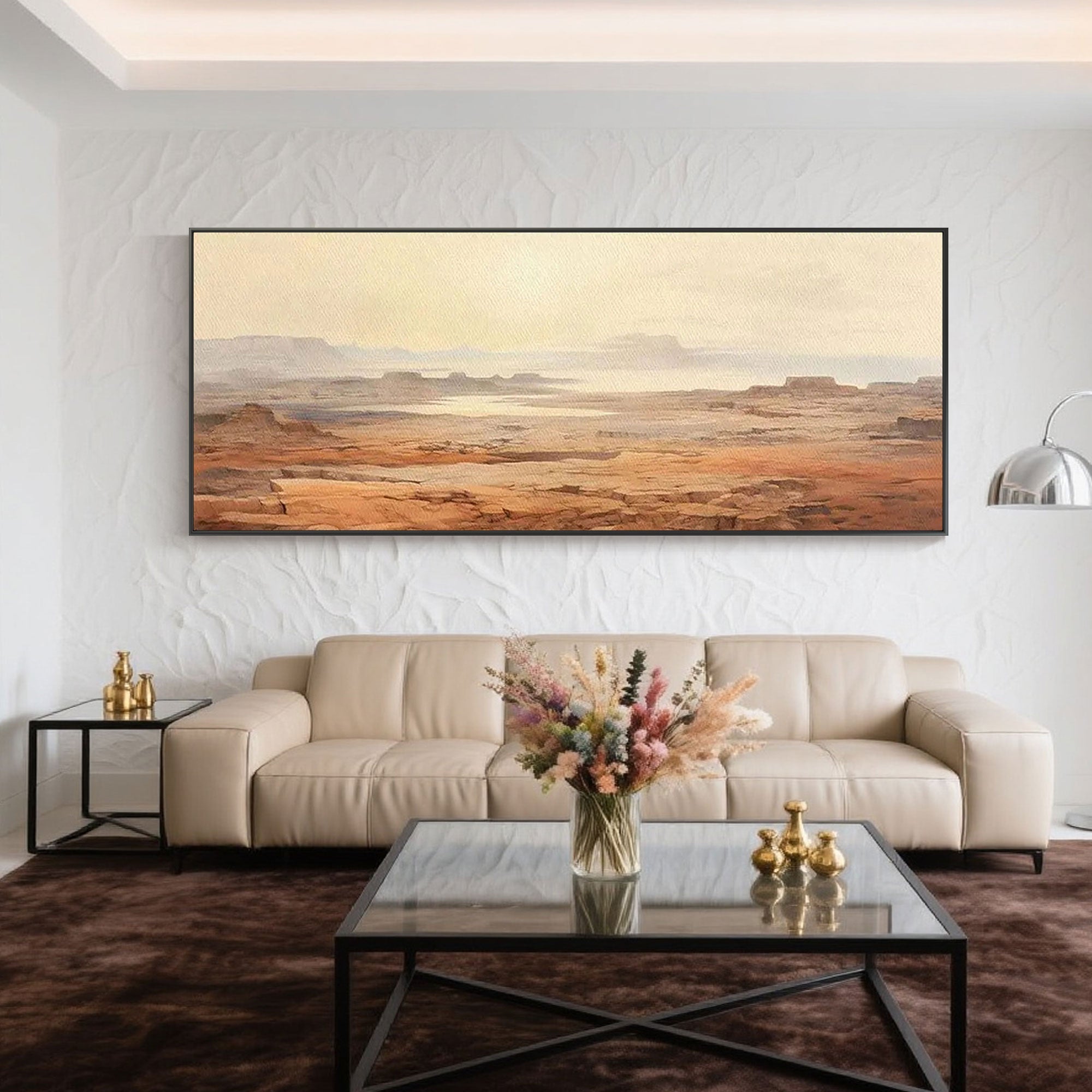 Panoramic earth-tone canvas art in a modern living room setting.