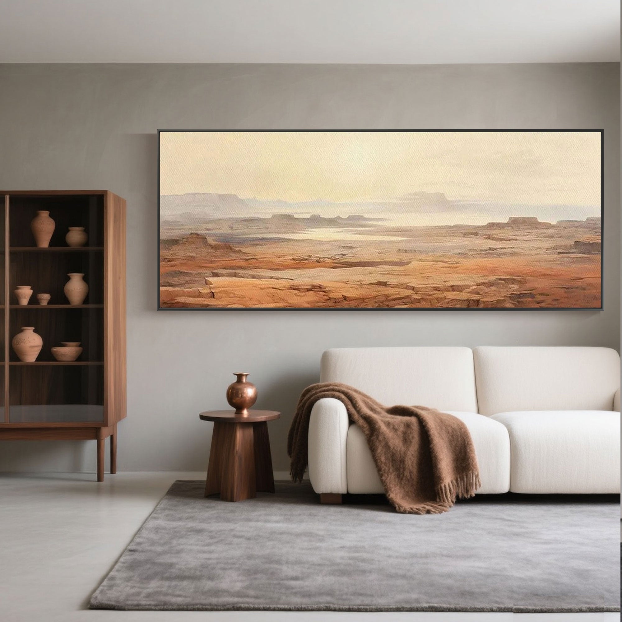 Wabi Sabi canvas art in earth tones displayed in a styled interior.