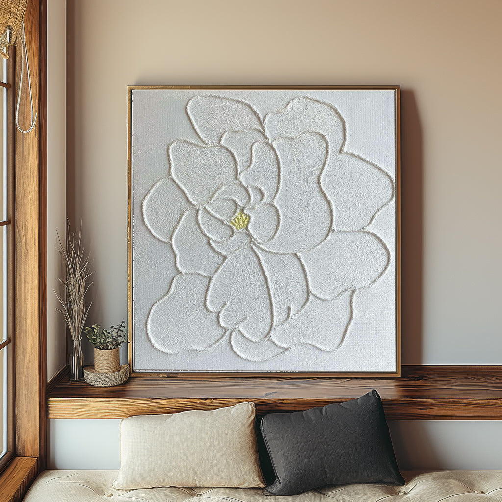 Plaster art texture painting in a styled living room setting.