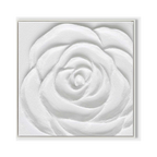 Close-up of a white plaster art texture painting of a rose in a white frame.