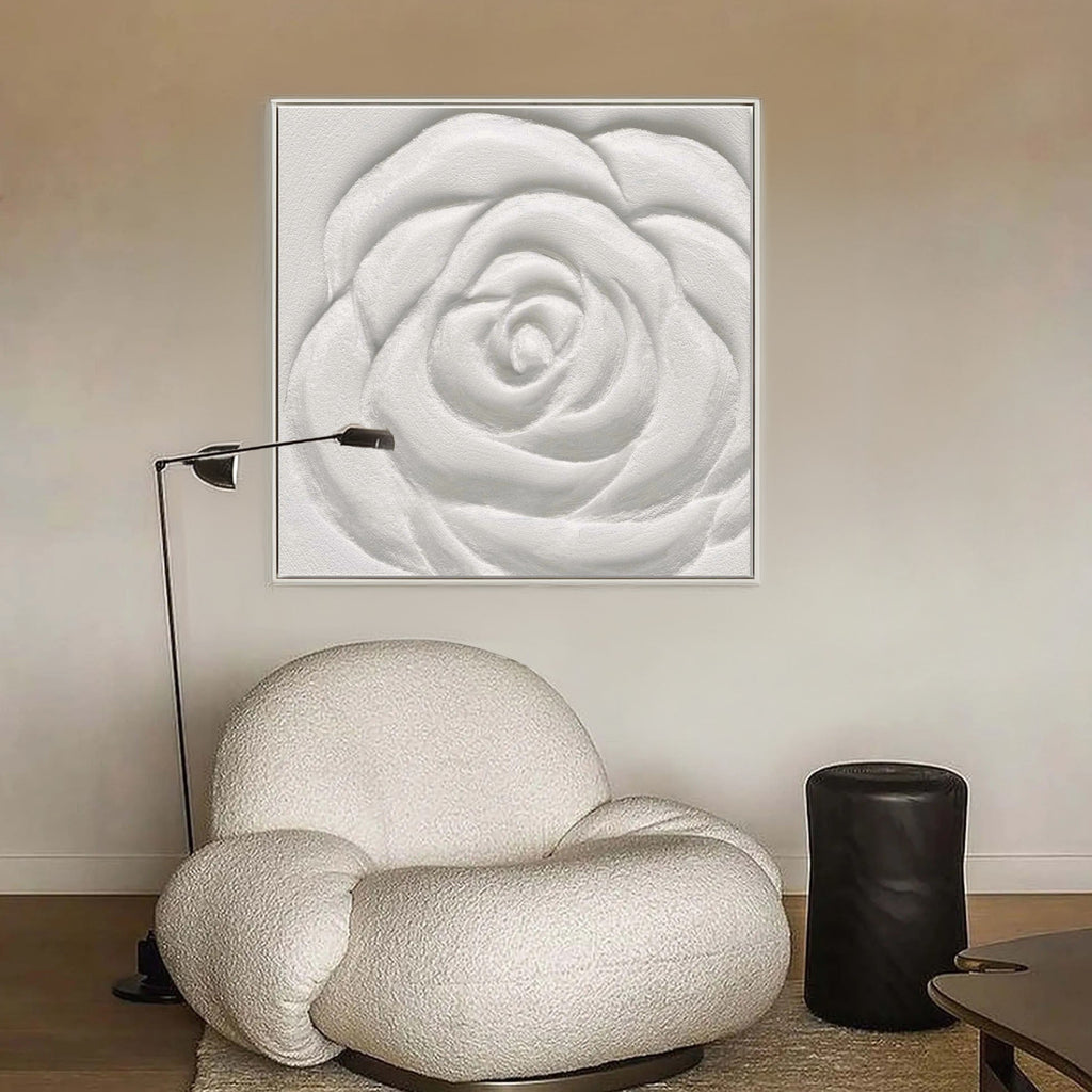 White rose plaster art texture painting in a modern living room setting.
