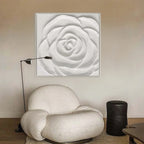 White rose plaster art texture painting in a modern living room setting.