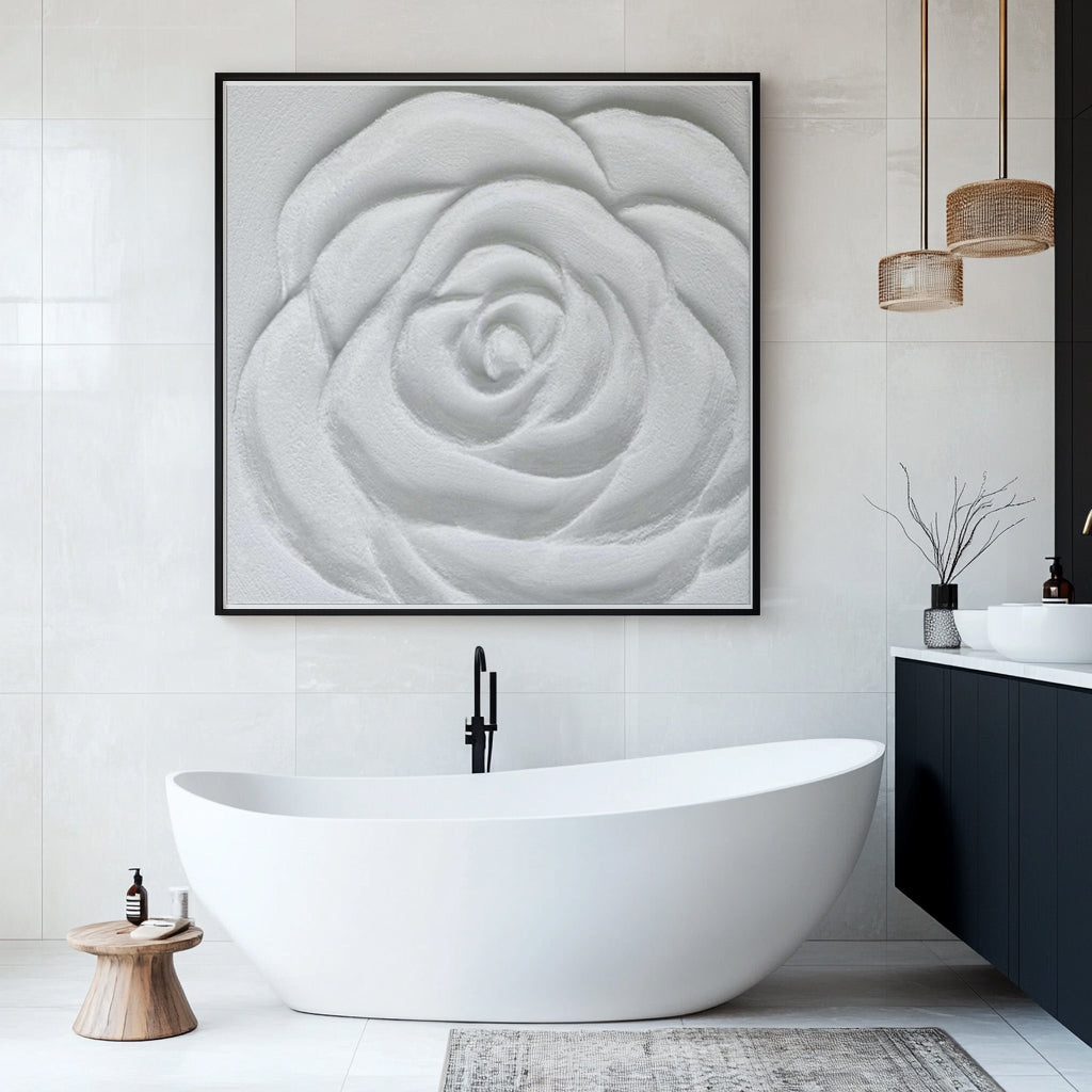 Plaster art texture painting of a white rose above a modern white bathtub.