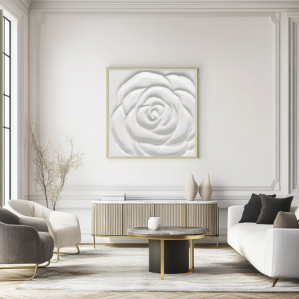 White rose plaster painting above a console table in a modern living room.