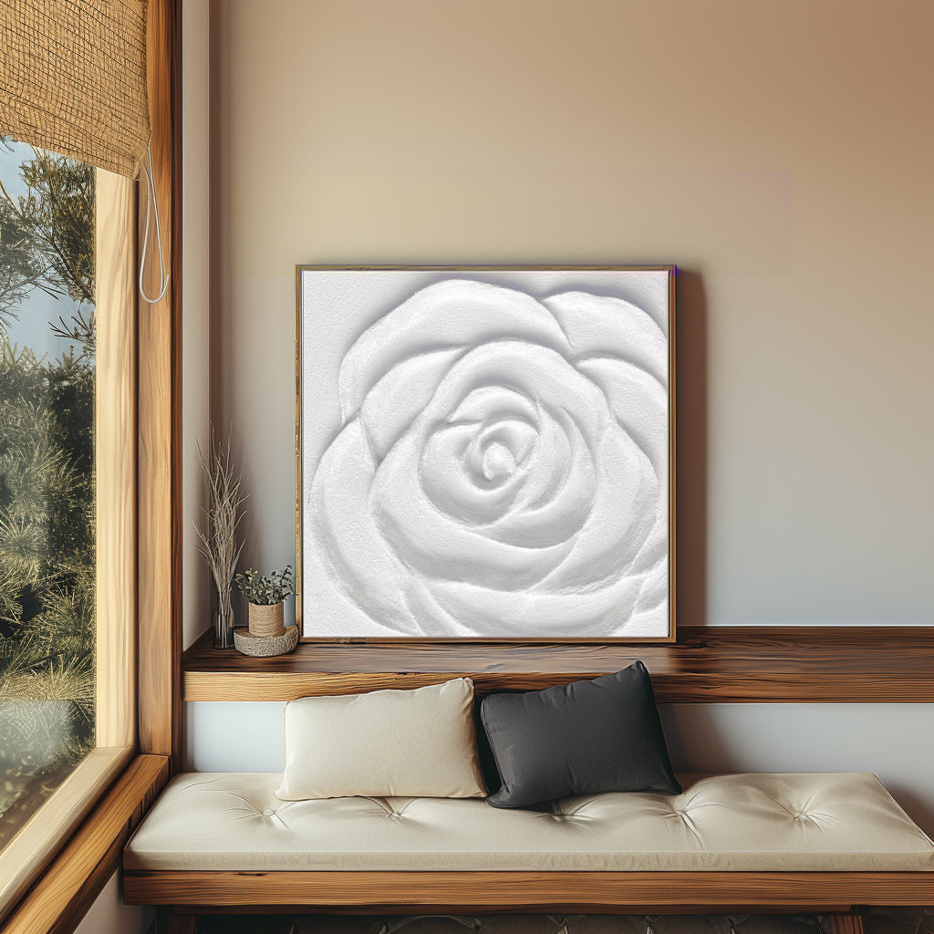 White rose plaster painting above a console table in a modern living room.