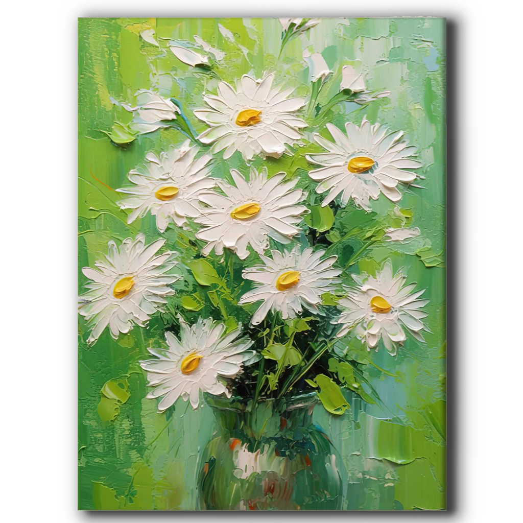 Close-up of vibrant daisy painting with textured brushstrokes and a green background.