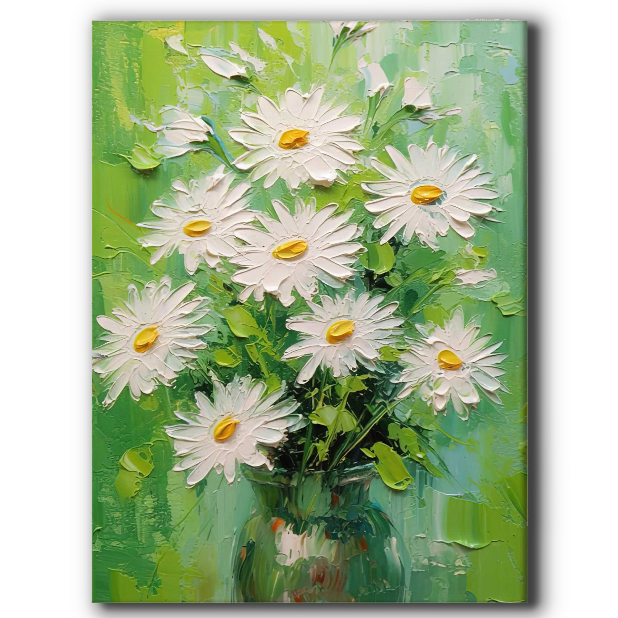 Close-up of vibrant daisy painting with textured brushstrokes and a green background.