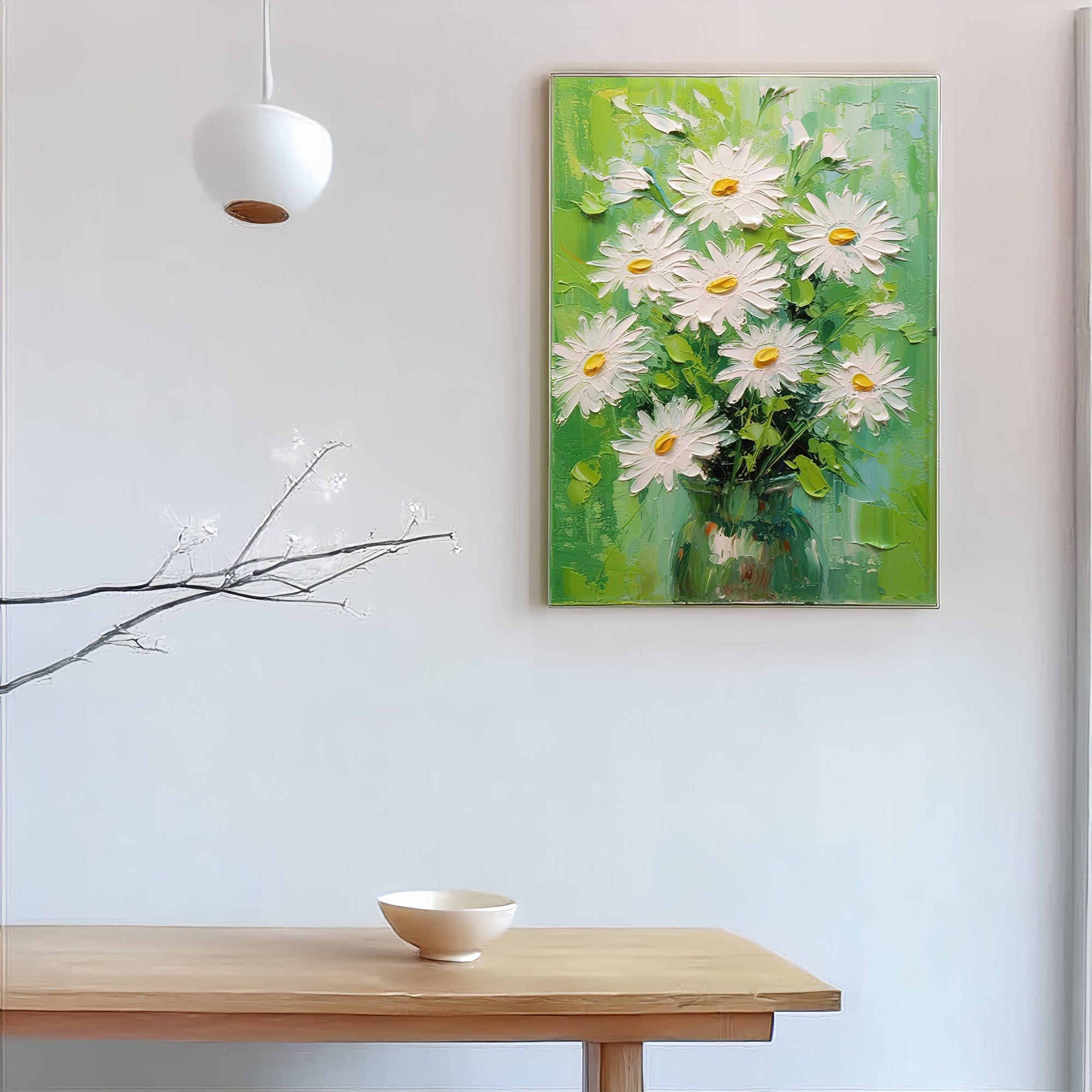 Daisy art in a dining room setting, offering a serene and stylish home decor inspiration.