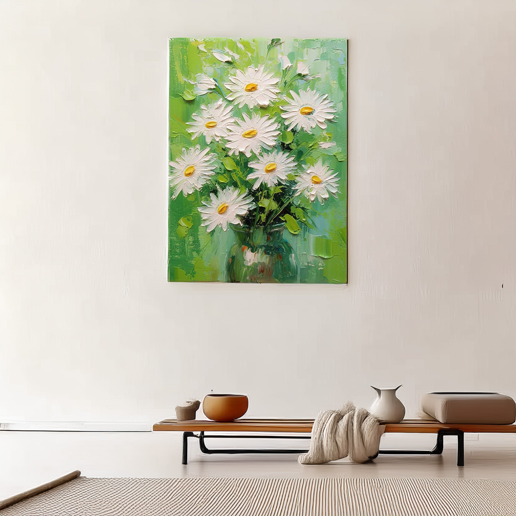 Daisy painting displayed in a modern living space, highlighting its decorative appeal.