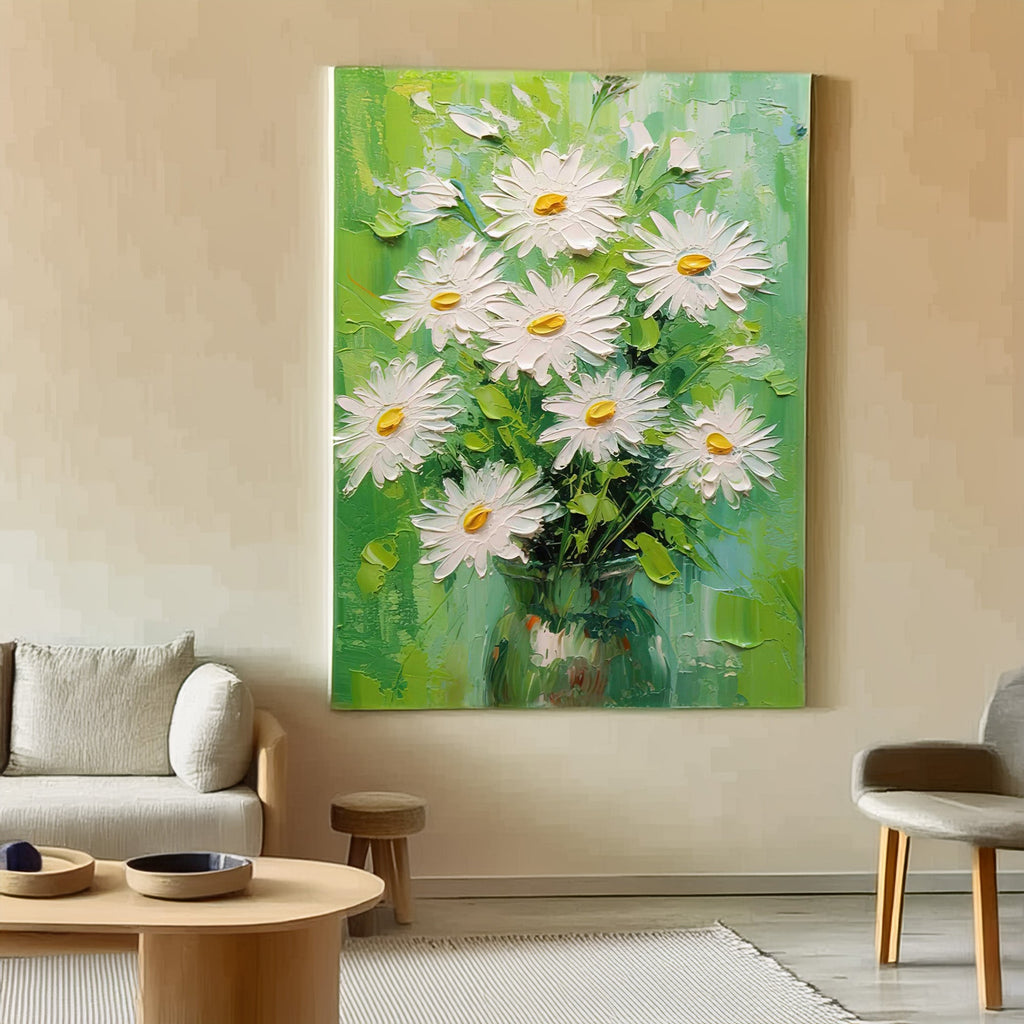 Colorful daisy painting in a living room setting, showcasing its decorative style.