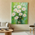 Colorful daisy painting in a living room setting, showcasing its decorative style.