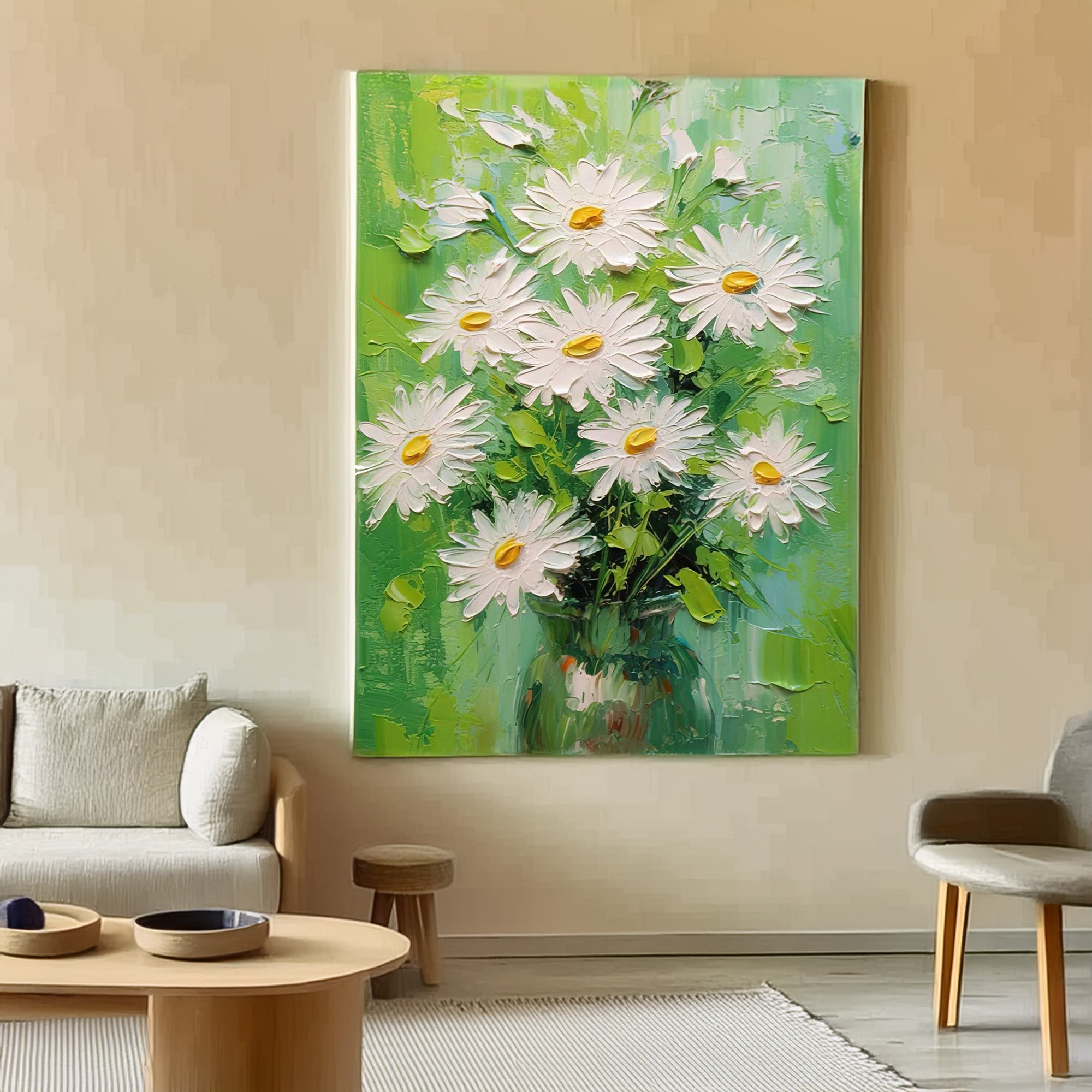 Colorful daisy painting in a living room setting, showcasing its decorative style.