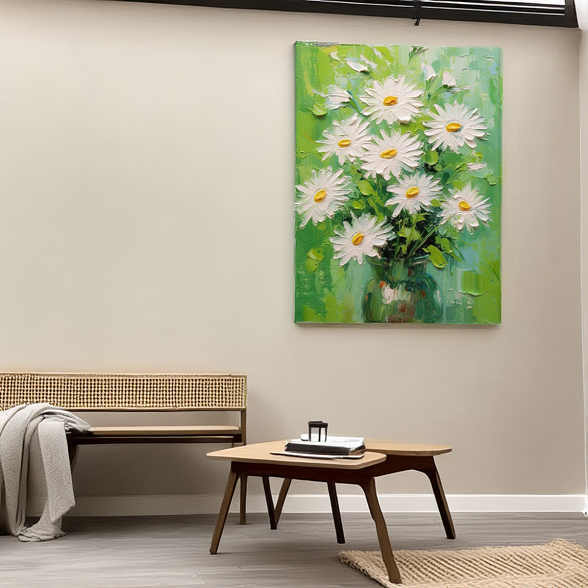 Daisy painting in a room setting, illustrating the artwork's size and style for interior decor.