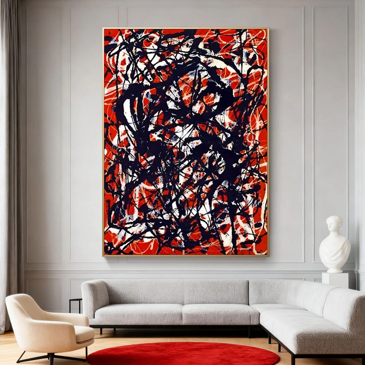 Pollock Abstract Wall Art Red and Black Large Vertical Canvas for