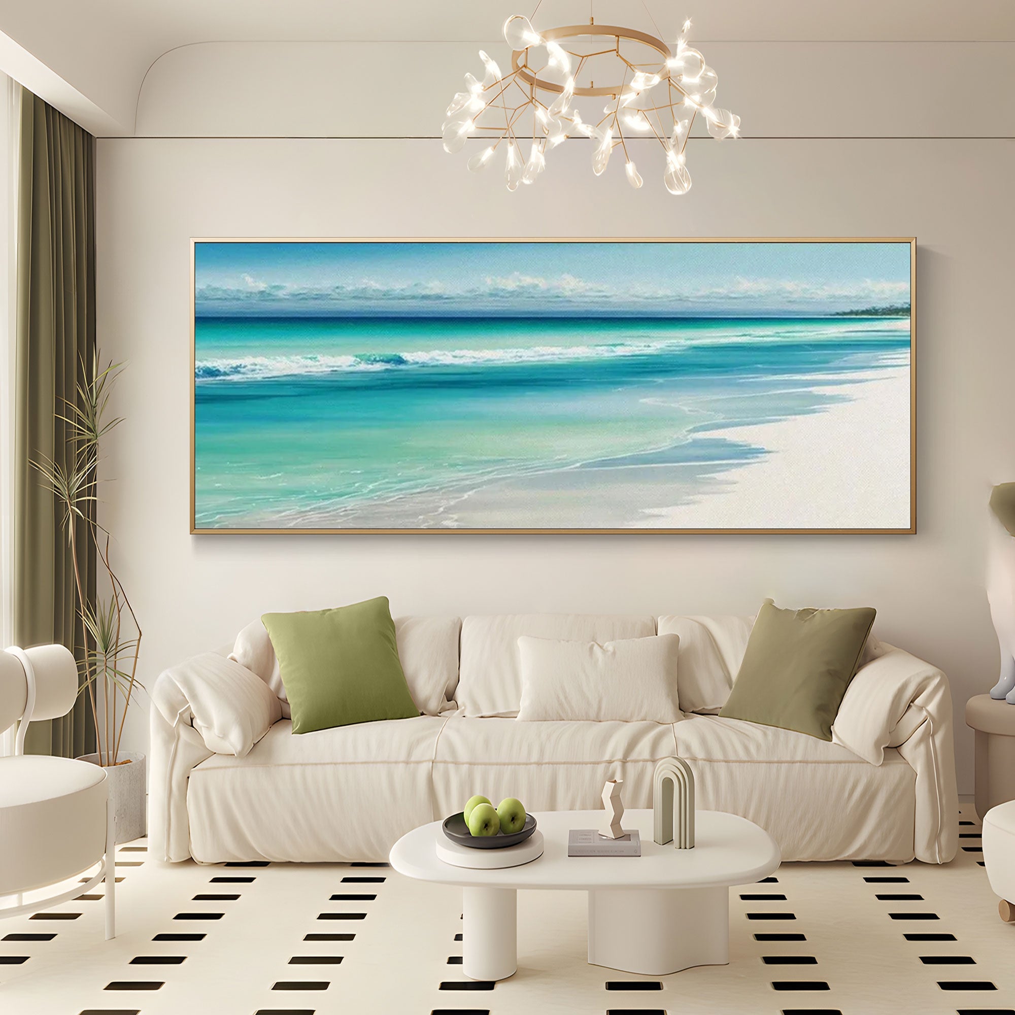Coastal beach art in a gold frame above a modern sofa.