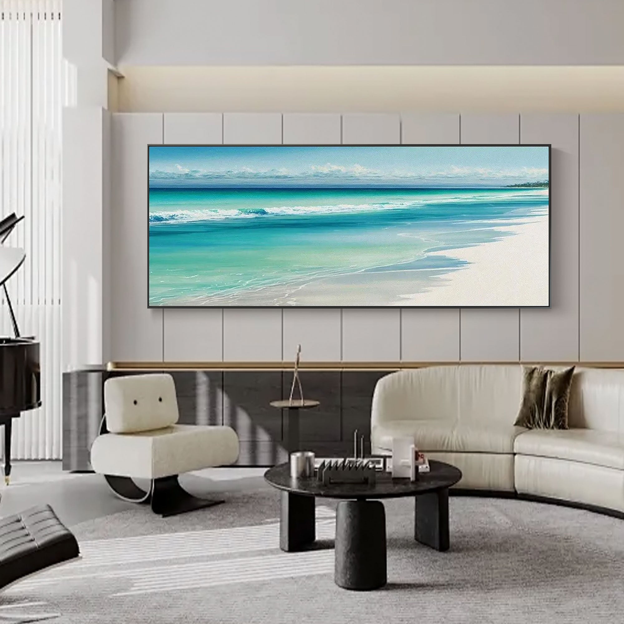 Realistic turquoise beach wall art on canvas, horizontal format.