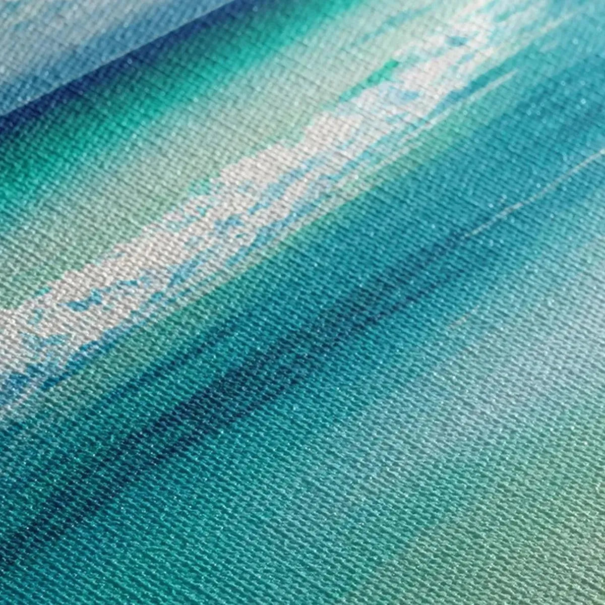 Close-up of the canvas texture and brushstrokes in the turquoise beach art.