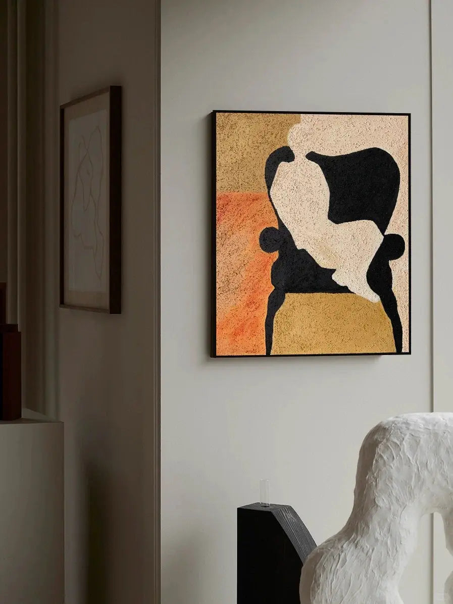 Modern Black White Abstract Figure Canvas Art with Orange