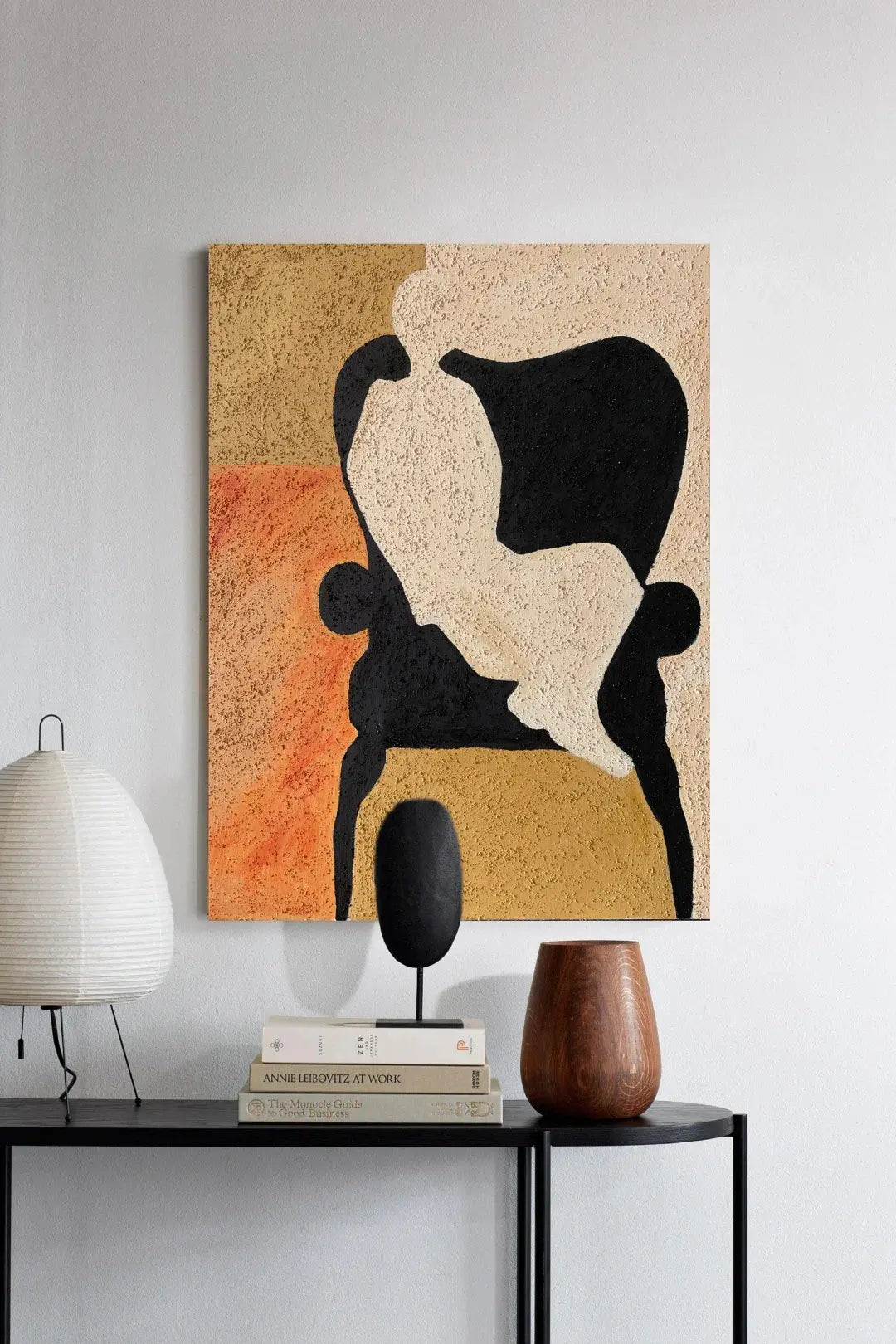 Modern Black White Abstract Figure Canvas Art with Orange