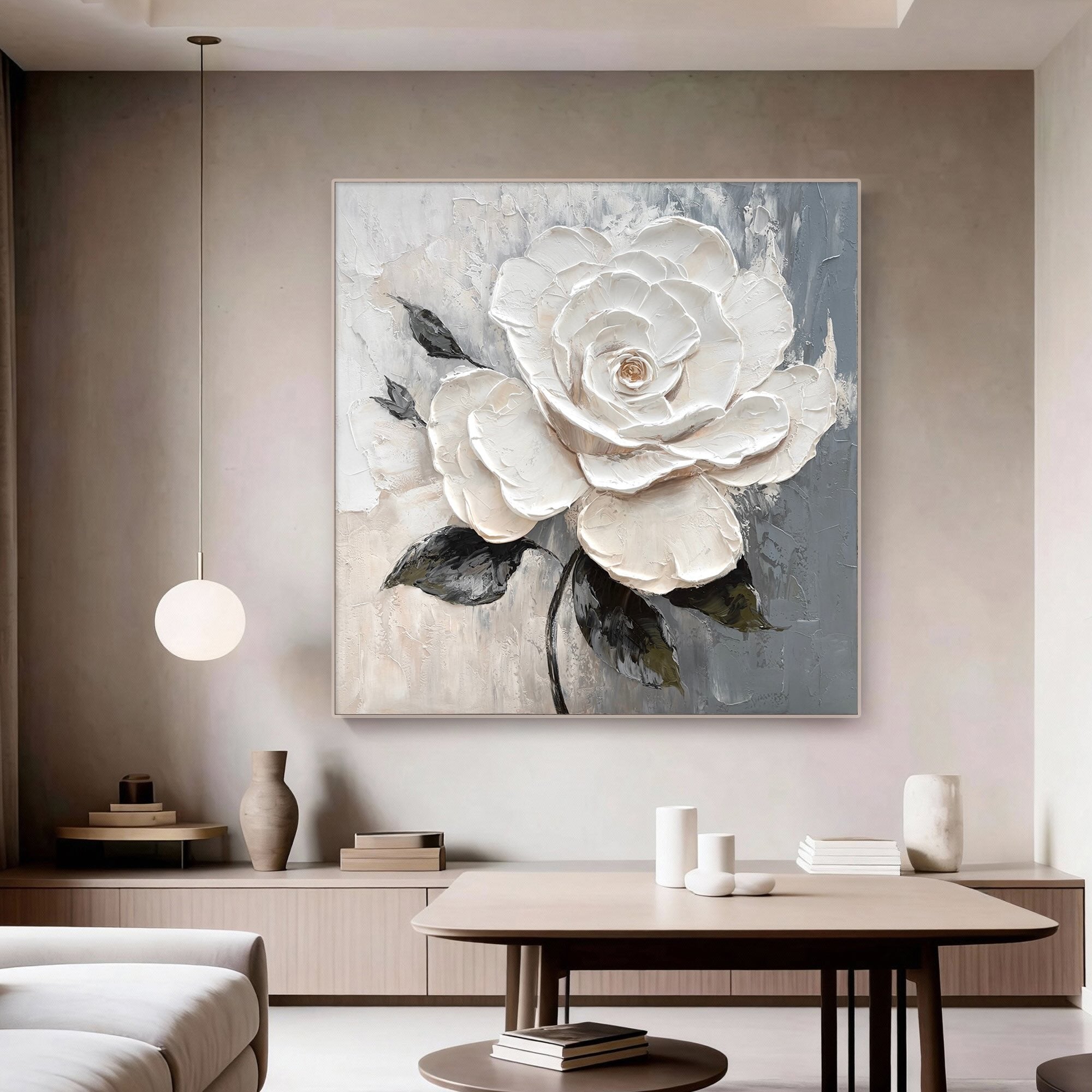 3D textured white rose canvas wall art with velvet petals in modern interior
