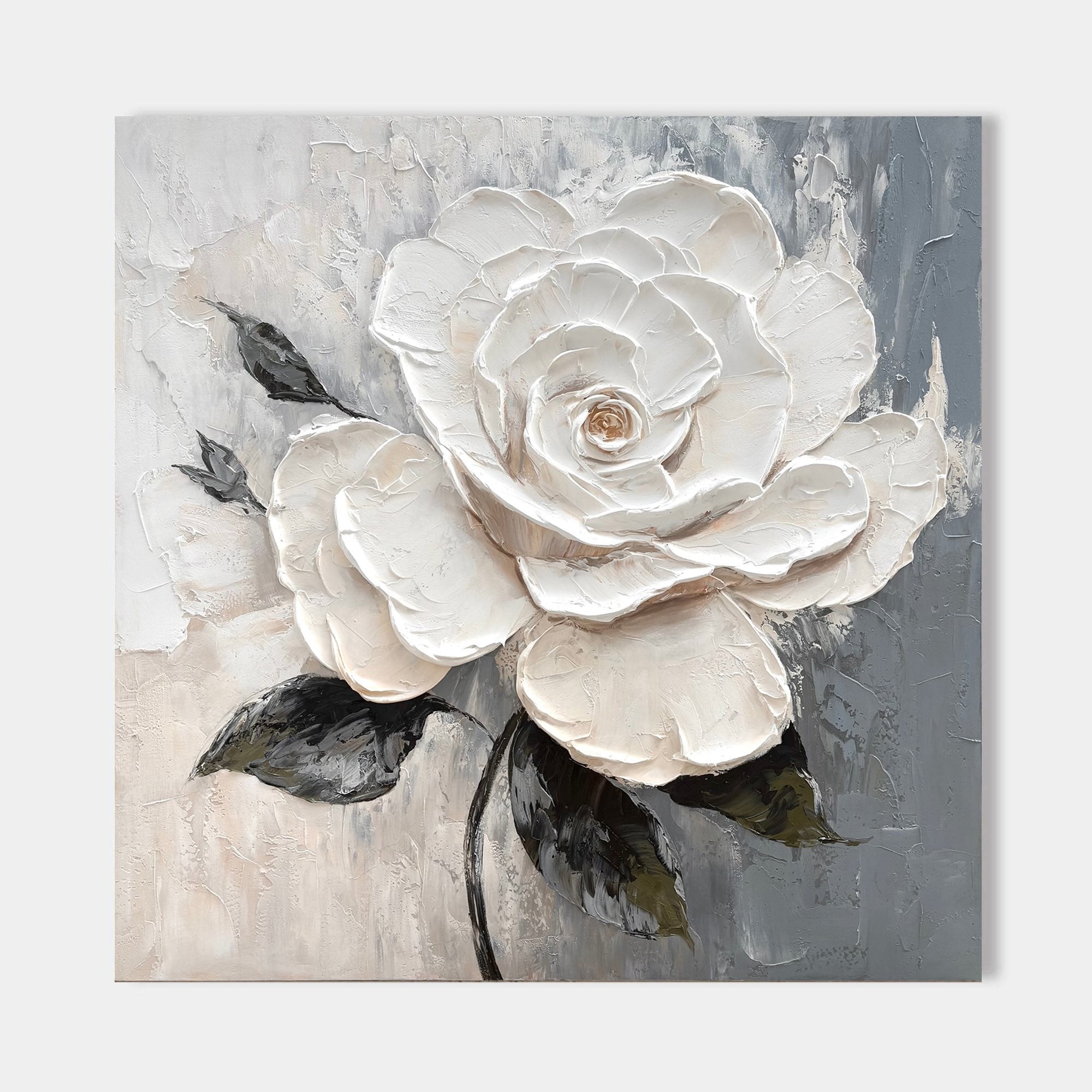 3D textured white rose wall art with velvet petals, hand-painted on canvas against a gray and beige abstract background