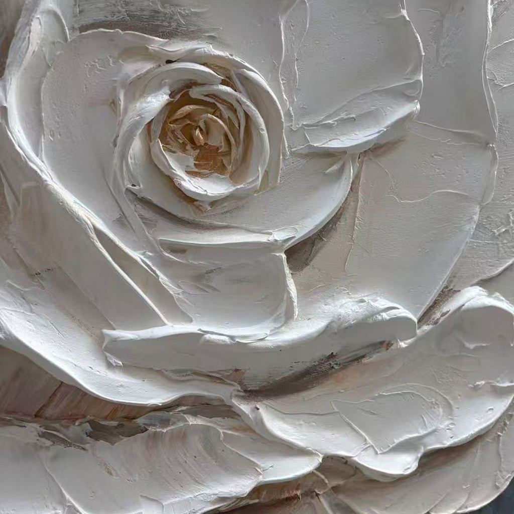 3D textured white rose wall art with velvet petal detail at Lumi Gallery