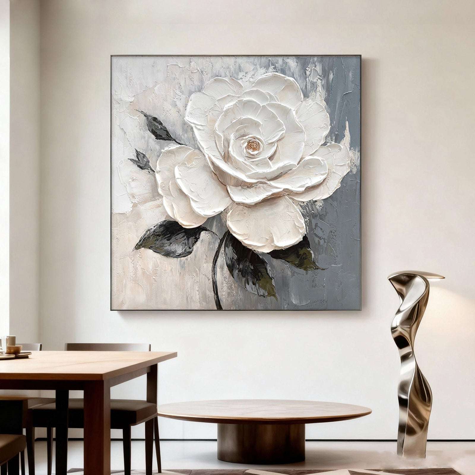 3D Textured White Rose Wall Art - Hand-Painted Canvas Painting for