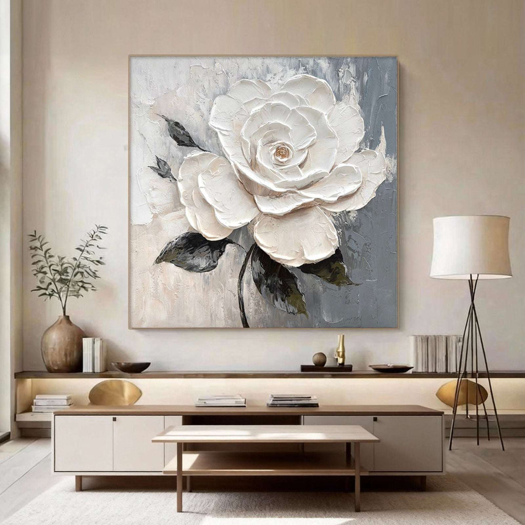 Lumi Gallery's hand-painted white 3D rose wall art with velvet petals in modern living room