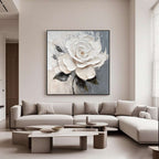 Lumi Gallery 3D textured white rose wall art with velvet petals in modern living room