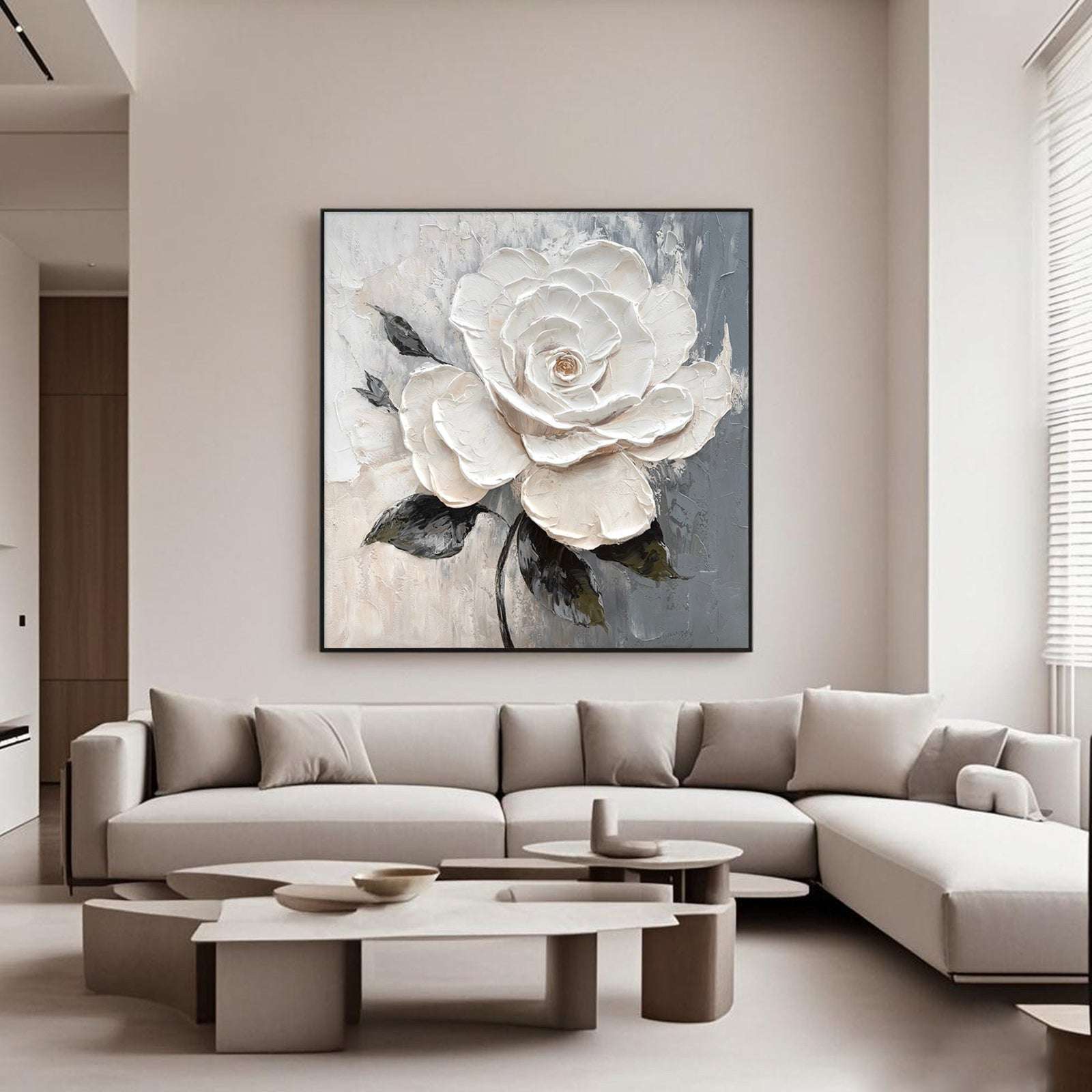 Lumi Gallery 3D textured white rose wall art with velvet petals in modern living room