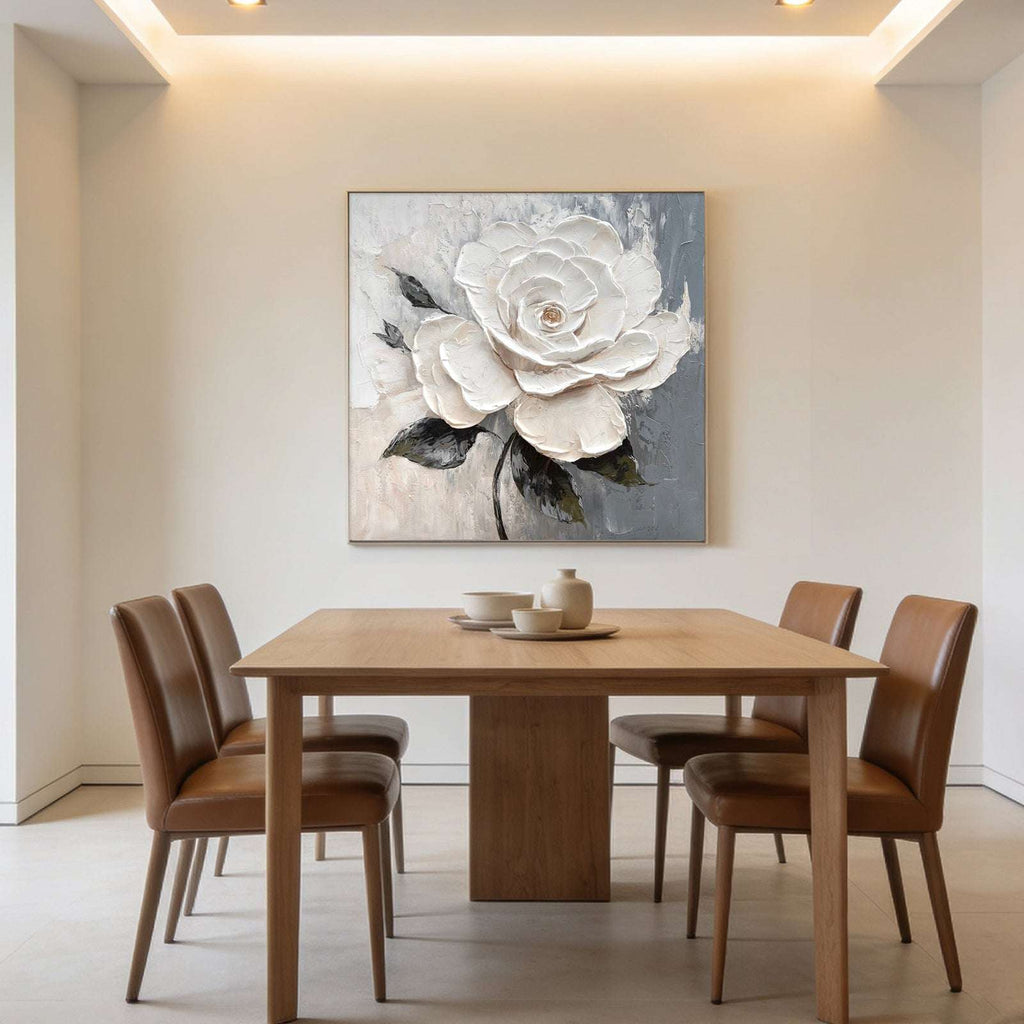 Lumi Gallery 3D textured white rose wall art with velvet petals in modern dining room
