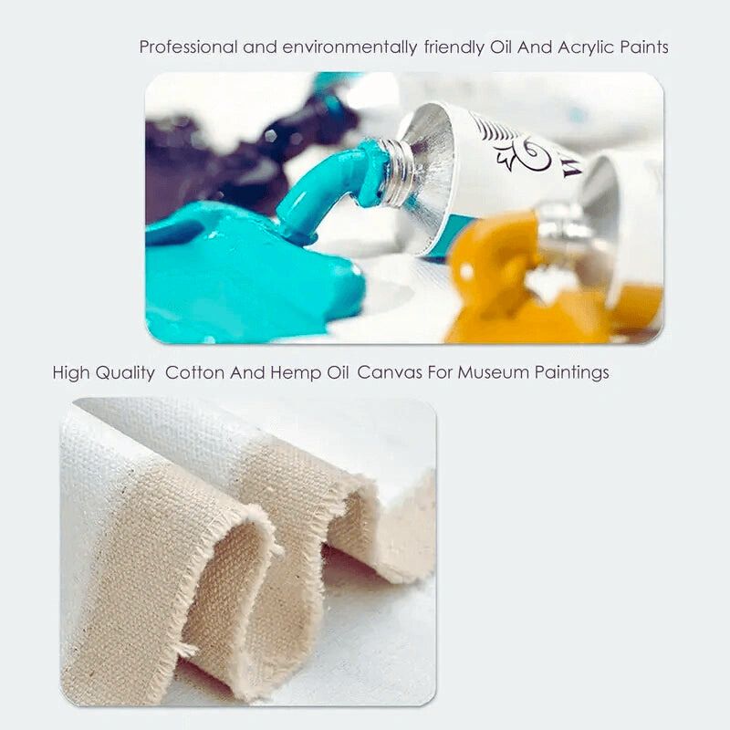 Eco-friendly oil and acrylic paints with cotton and hemp canvas for museum-grade art.