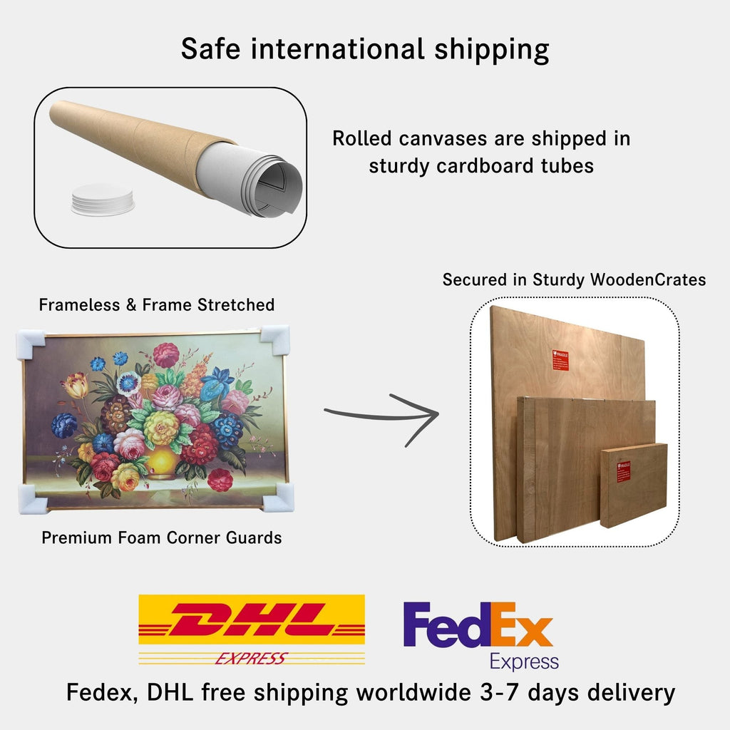Safe international shipping for hand-painted and handcrafted canvas artwork. Rolled canvases shipped in sturdy cardboard tubes, frame-stretched paintings secured with premium foam corner guards, and framed artworks packed in durable wooden crates. Fast global delivery via DHL and FedEx, 3-7 days worldwide shipping.